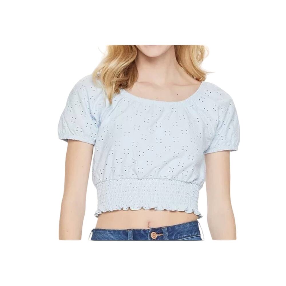 SO Y2k babydoll tee Eyelet Smocked Bottom Puff Sleeve Top crop cropped boxy Jr